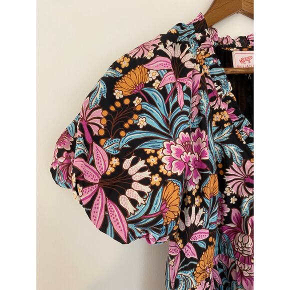 Banjanan Poppy Floral Print Organic Cotton Midi Dress Black Beauty Purple EUC - Picture 9 of 16